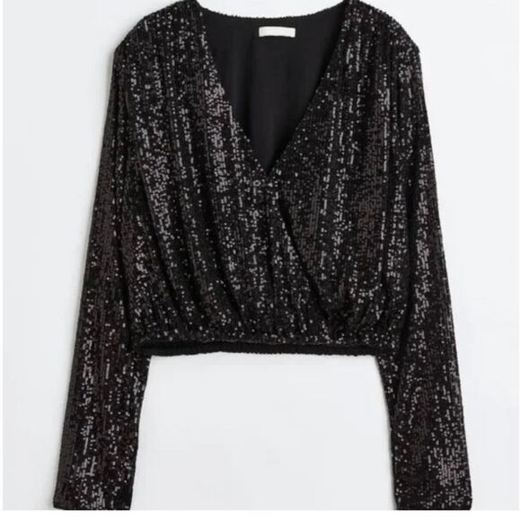 NWT black sequin long sleeve v-neck top xl - Picture 1 of 5